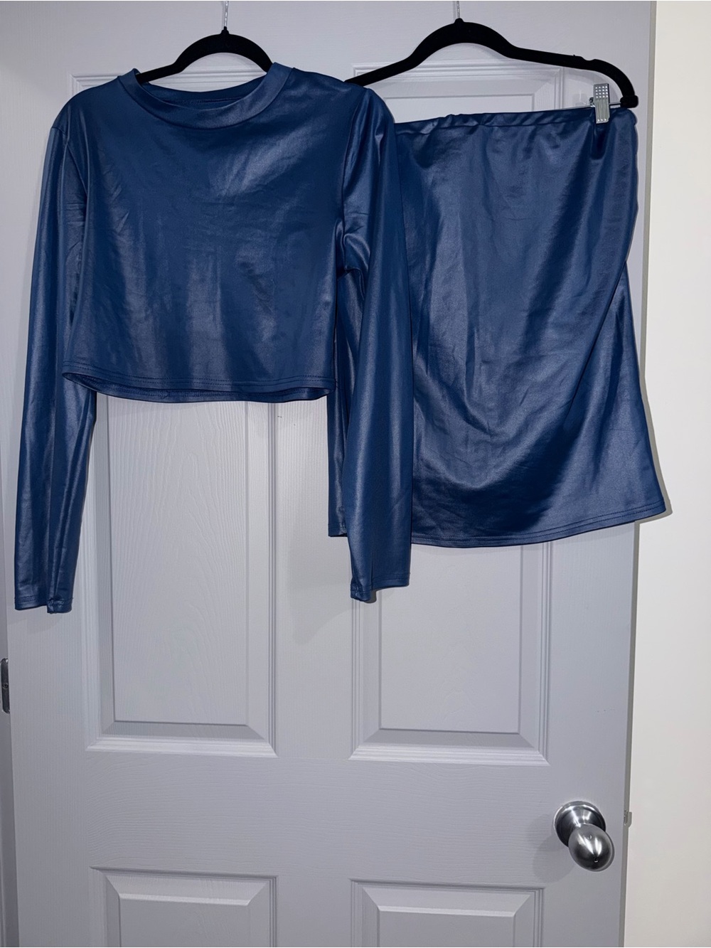 Shiny Navy Two-Piece Set - Crop Top & Skirt